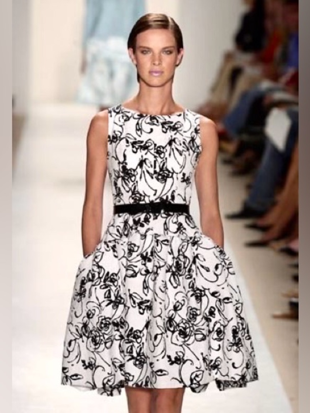 Vintage OSCAR DE LA RENTA S/S 2004 Floral Line Printed Drop Waist Dress in White